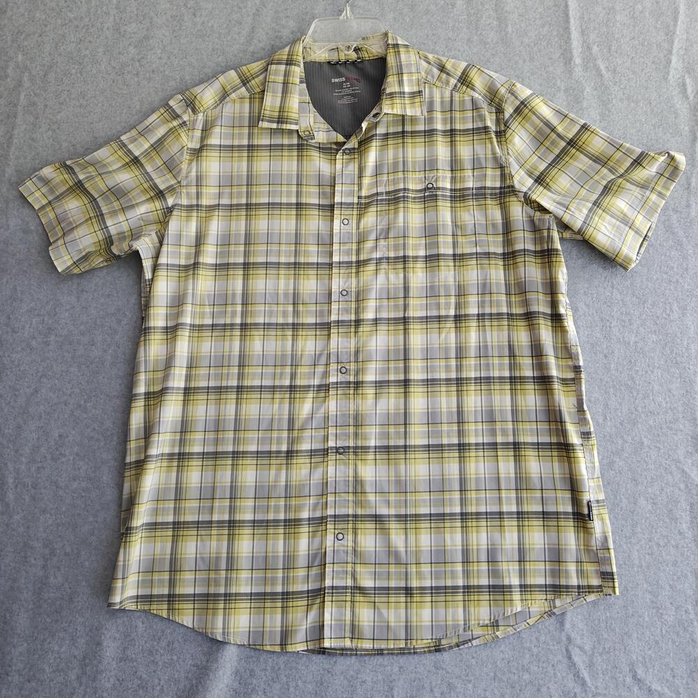 Swiss Tech Shirt Mens XL Yellow Plaid Performance Snap Up Short Sleeve Hiking